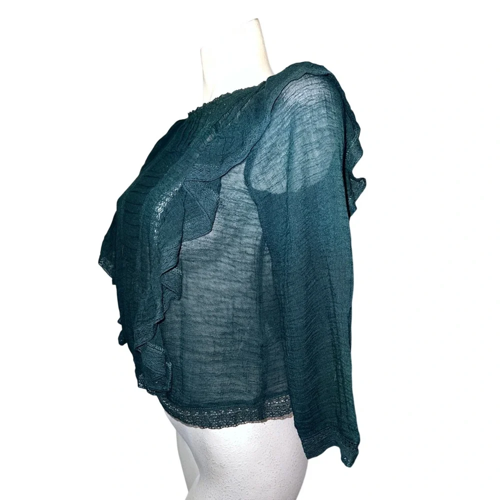 Free People Dark Green Lace Ruffle Sheer Blouse Top Womens XS High Neck Keyhole